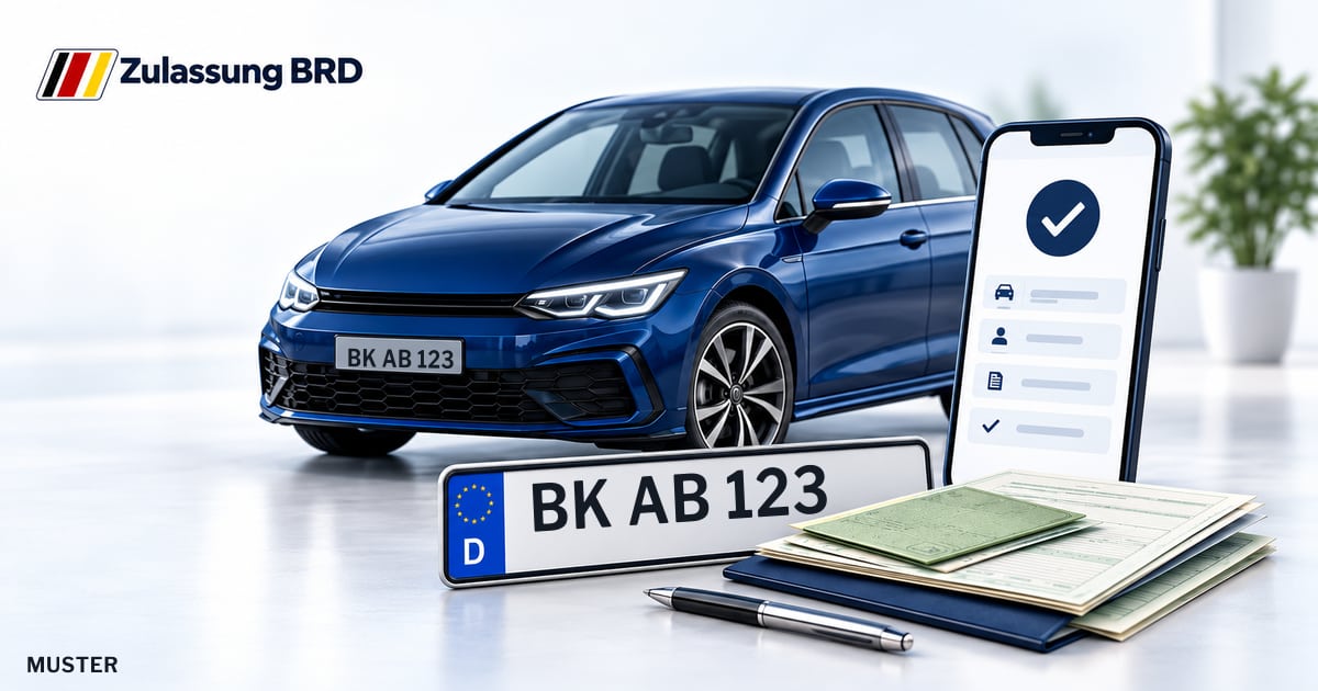 Online Fahrzeugzulassung in Remshalden: Musterkennzeichen BK AB 123, Auto und Fahrzeugpapiere und Smartphone. Illustration mit Logo von Zulassung BRD.